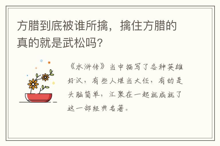 方腊到底被谁所擒，擒住方腊的真的就是武松吗?